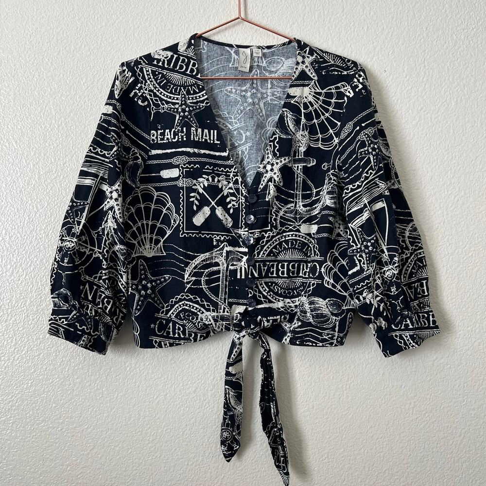 Joie Linen Blend Beach Print Half Sleeve V-neck tie top black white